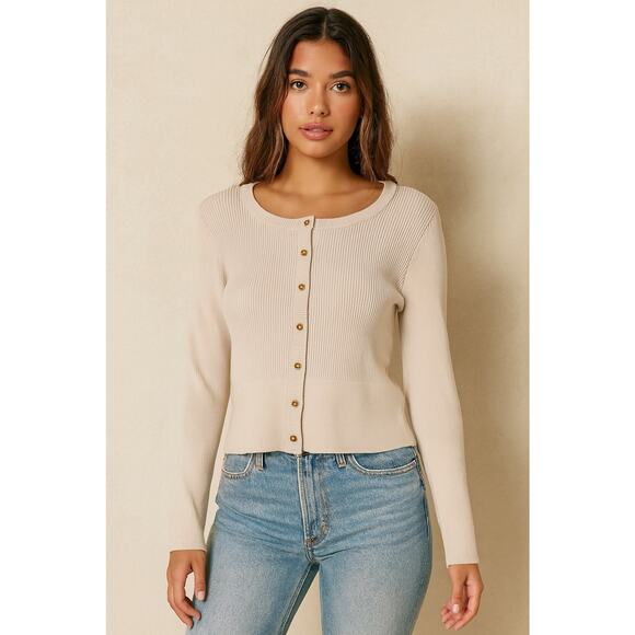 Marble Sweaters - NWT Marbel Ribbed Knit Sweater Top Women’s Size L Cream Tan Gold Classic Preppy